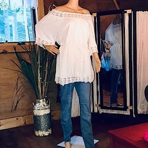 Premise White Crochet Trim On/Off Shoulder Tie Waist Short Sleeve Tunic XL~EUC!
